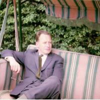 Petra Thomass father Norman Webb on the family swing seat - Kenilworth (1965)